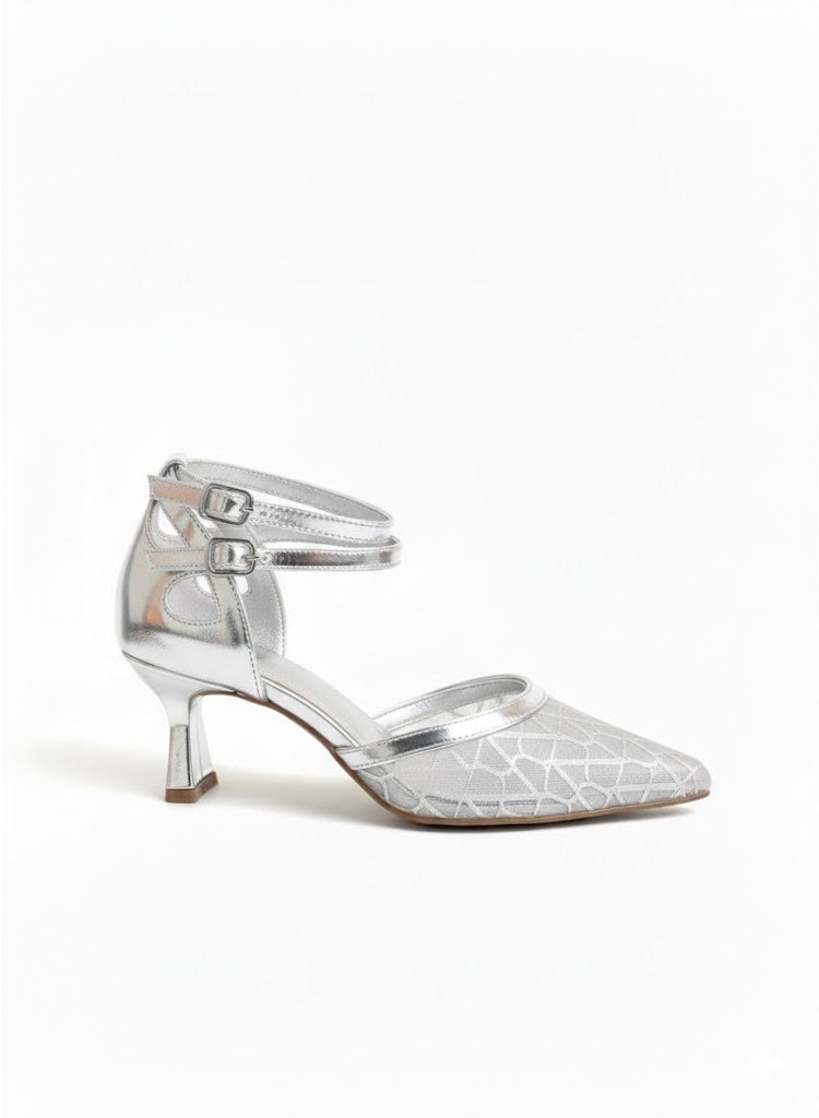 لايف ستيلاش  أحذية بكعب متوسط من القماش والجلد مع إبزيم F-601 - فضي - Image 3